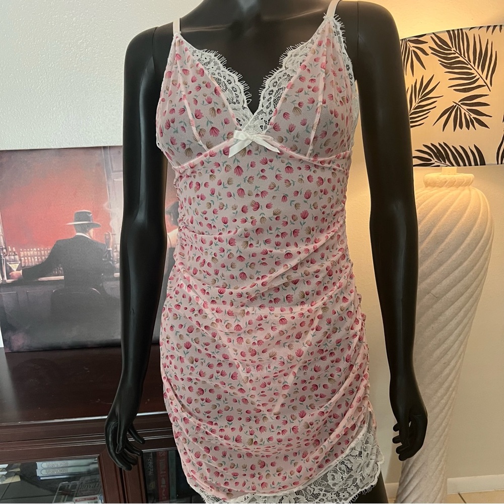Delicate Pink Floral Lace Chemise Slip Dress
